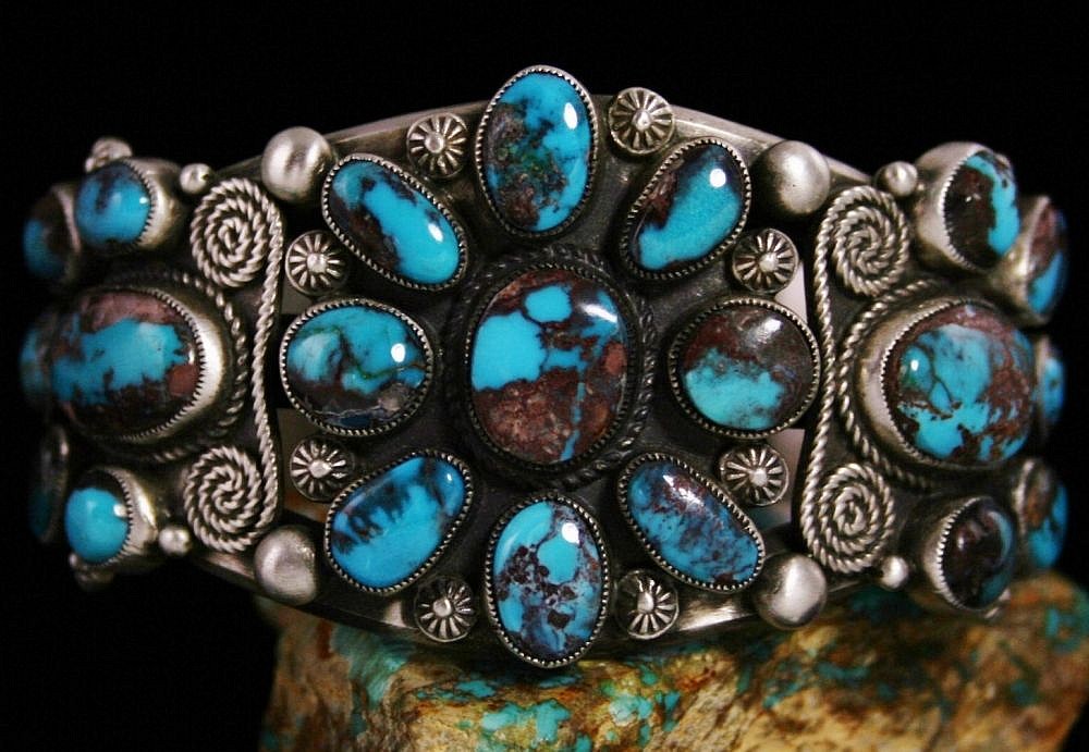 Calvin Martinez Rare Gem Grade Bisbee Turquoise Ingot Cluster Bracelet | Turquoise Direct